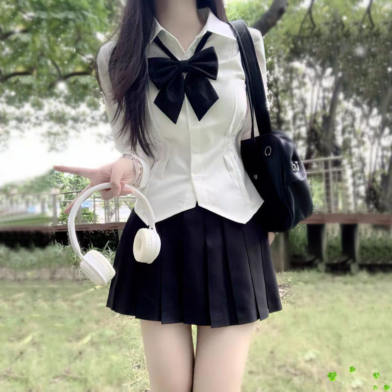 日系jk制服短袖收腰衬衫女春秋修身白色衬衣显瘦黑色百褶裙套装