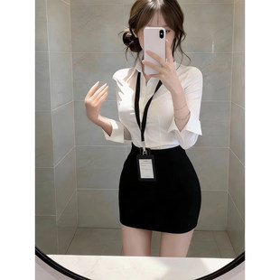 纯欲收腰长袖白衬衫套裙职业秘书穿搭前台工作服OL制服衬衣包臀裙