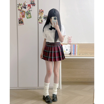 高级感jk制服套装基础款宽松白色衬衫上衣红色格子半身裙两件套女