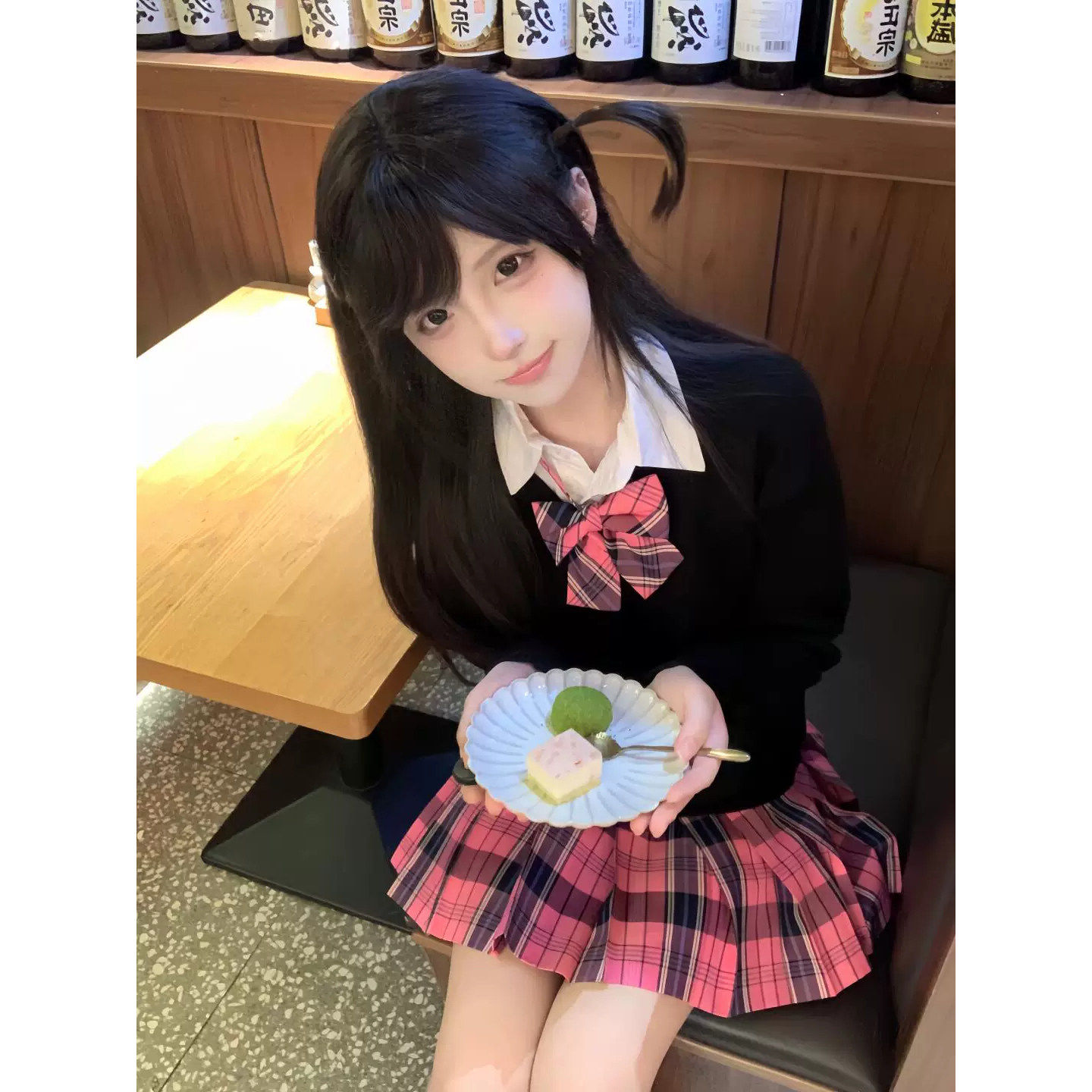 jk制服毛衣女秋冬学院风长袖套头校供感黑色v领假两件针织衫上衣