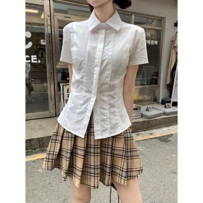 学院风jk白色短袖衬衫女夏季设计感小众蕾丝花边衬衣收腰短款上衣