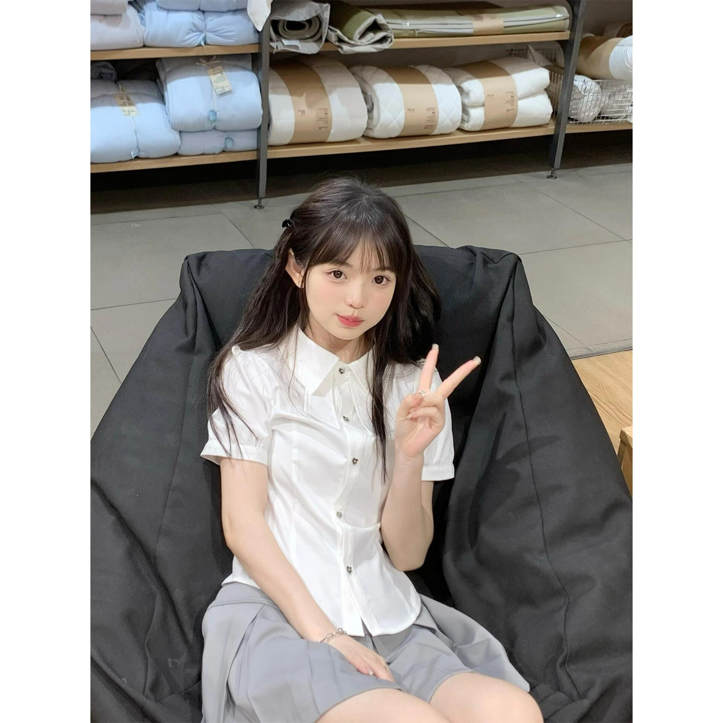 学院风甜辣妹白色收腰正肩泡泡袖衬衫女夏季新款显瘦短款修身衬衣