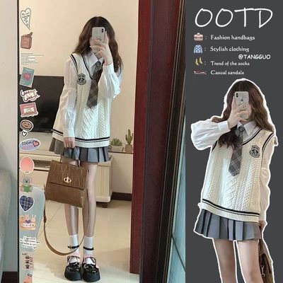 jk套装秋冬日系学院风V领针织女