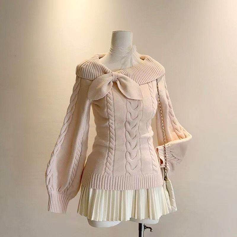 韩版甜美套头兔耳结针织衫粉色毛衣秋冬设计感显瘦收腰麻花上衣女