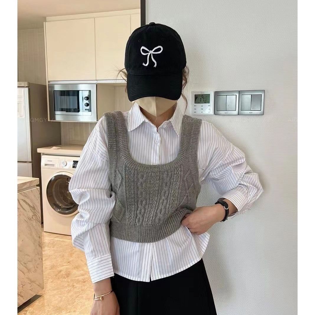 韩版新款灰色背心叠穿春秋冬小个子学院风针织马甲女无袖毛针织衫