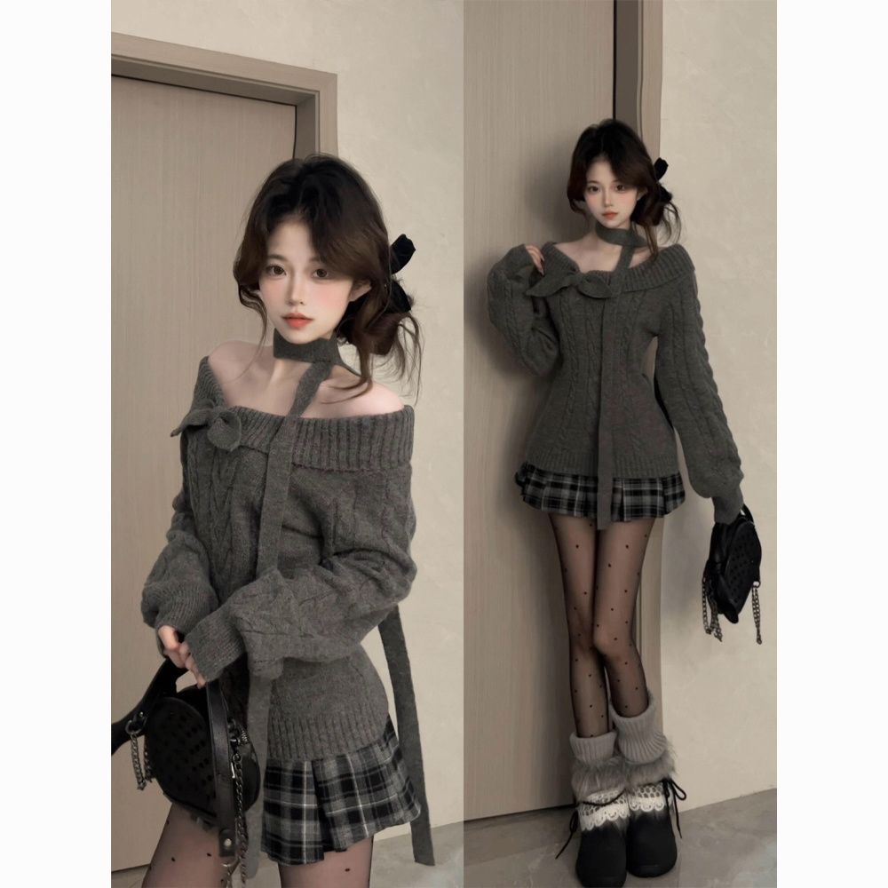 秋冬季小众高级感韩系显瘦针织衫露肩一字肩麻花毛衣女纯欲风上衣