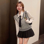 学生套装 春秋叠穿学院风V领针织毛衣马甲搭配JK衬衣百褶裙两件套