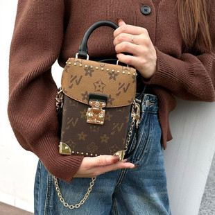 新款老花拼色复古手提盒子包高级感真皮单肩斜挎相机包优草坊女包