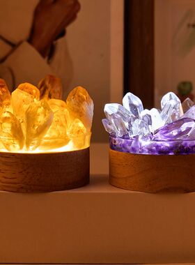 天然水晶小夜灯紫黄水晶牙簇创意USB接口床头氛围感高级摆件