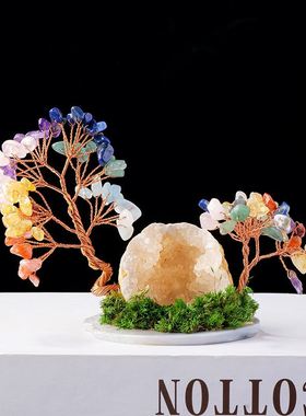 天然水晶原石水晶树创意白水晶簇七彩碎石小花树桌面发财幸运摆件