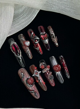 伊甸园原创蛇与禁果暗黑系哥特3D立体猫眼纯手工穿戴甲苹果美甲