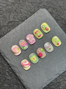 苹果开会2.0纯手工原创设计穿戴甲短款 可爱卡通软妹美甲贴片甲片