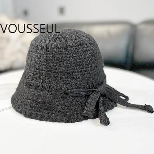 VOUS SEUL 说好不哭 秋冬日系灰色盆帽女羊毛蝴蝶结保暖逛街防风
