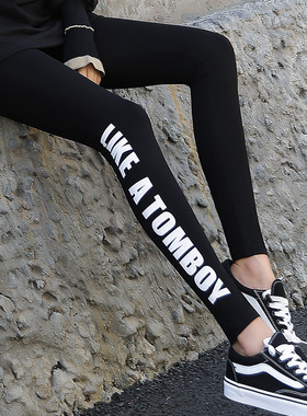 纯棉字母大码打底裤女外穿潮黑色八分小脚显瘦春秋薄款紧身九分裤