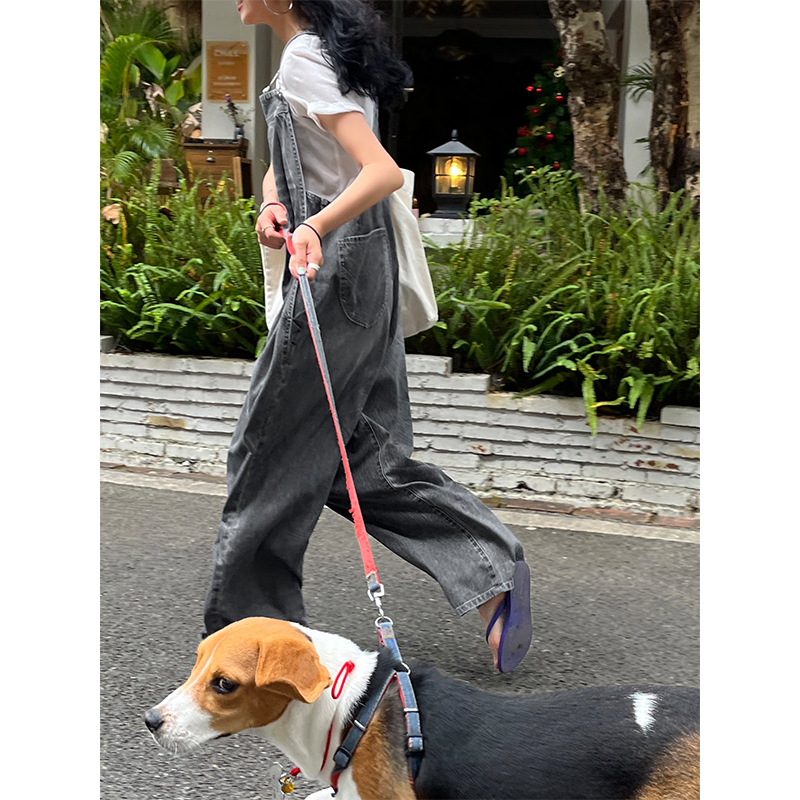 2023春季新款复古宽松休闲拖地哈伦牛仔背带裤女