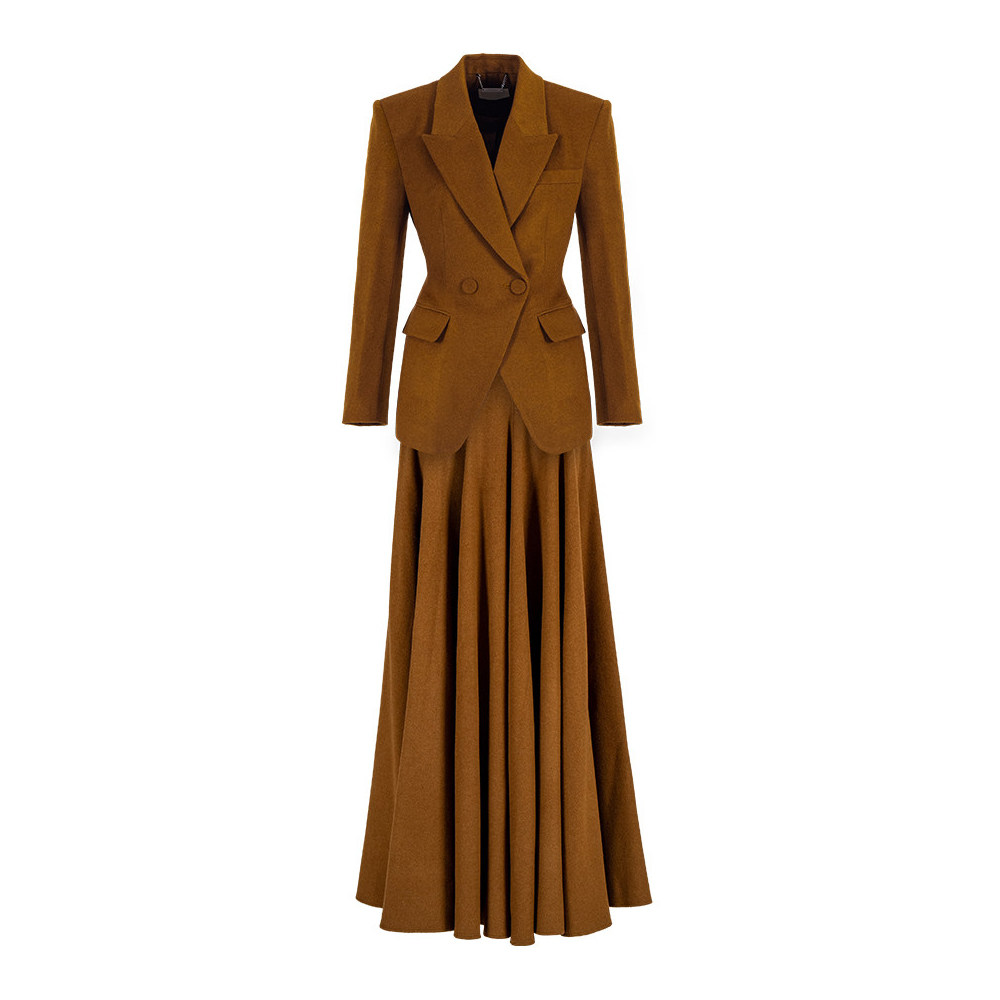 2026春秋冬新款西装焦糖色马甲百褶长裙年会设计师高级三件套装女