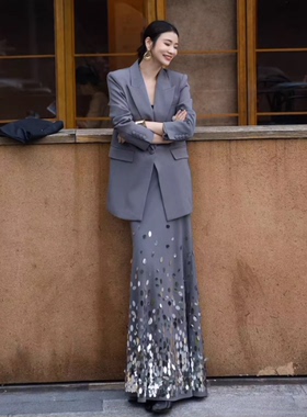 轻奢优雅欧美西装配亮片半长裙套装女秋冬显瘦显高气质高雅两件套