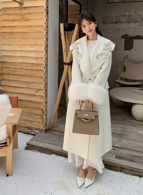 2025秋冬重工水钻钉珠大翻领长款大衣外套可拆卸袖子毛