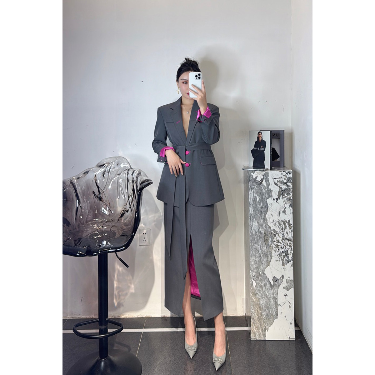 高定款秋冬季气质优雅时尚西装显瘦套装系带西服外套质感开叉半裙,女装/女士精品,时尚套装,淘宝优惠券,粉丝福利购,淘宝优惠卷