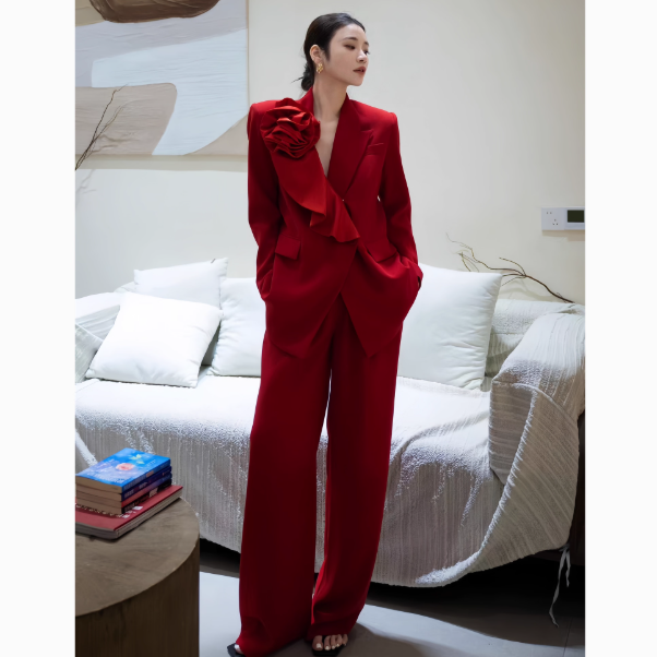 2025秋冬新款高端西服套装女轻奢立体花朵西装外套阔腿裤两件套