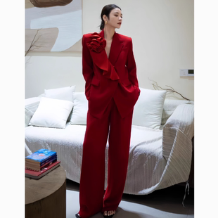 外套阔腿裤 女轻奢立体花朵西装 两件套 高端西服套装 2025秋冬新款