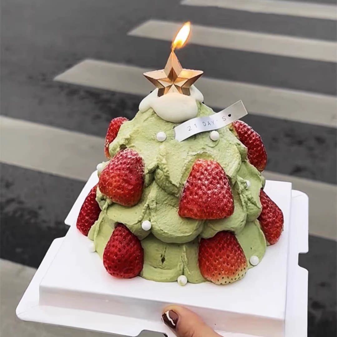网红圣诞节草莓塔蛋糕装饰摆件圣诞树立体爱心五角星镀金蜡烛插件