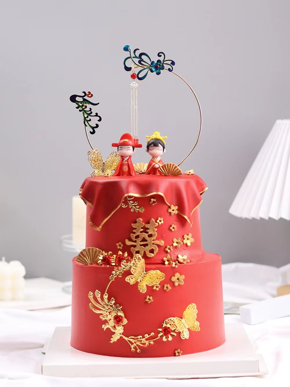 中式订婚婚礼蛋糕装饰摆件复古国风喜字龙凤蝴蝶囍烘焙插件插牌