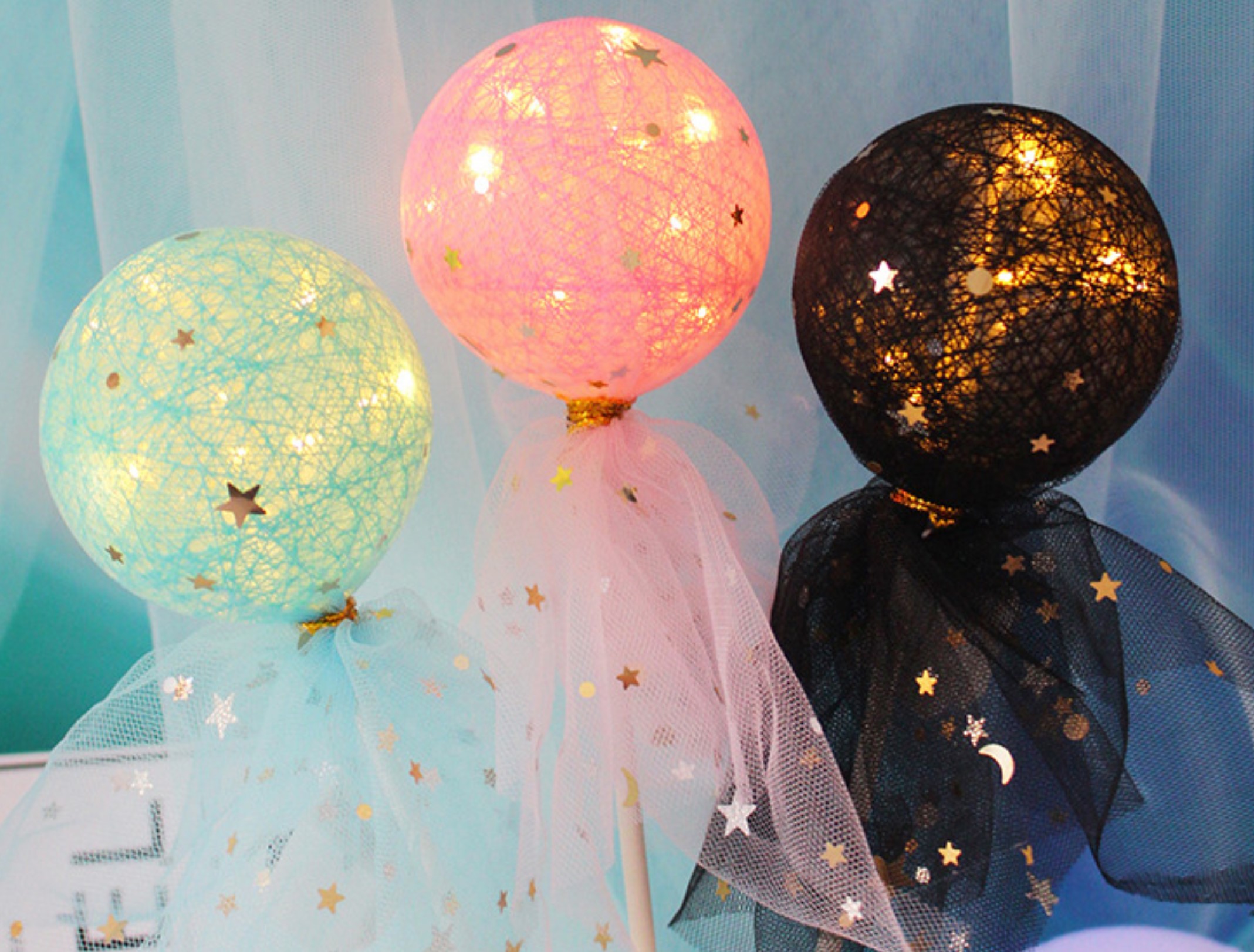 生日蛋糕装饰摆件星空闪灯 唯美梦幻纱布糖果球状甜品台装饰插件