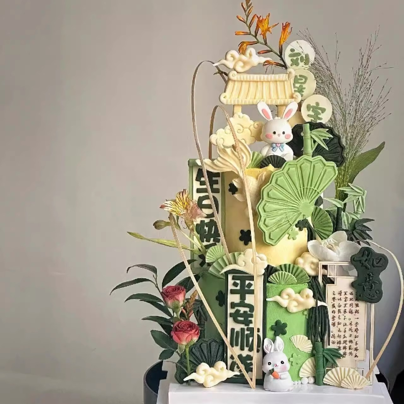 新中式兔宝宝周岁满月蛋糕装饰摆件国风木质屏风藤条烘焙装扮插件