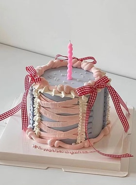 网红芭蕾风蛋糕装饰红色格子丝带蛋糕盒花束绑带螺旋蜡烛生日插件