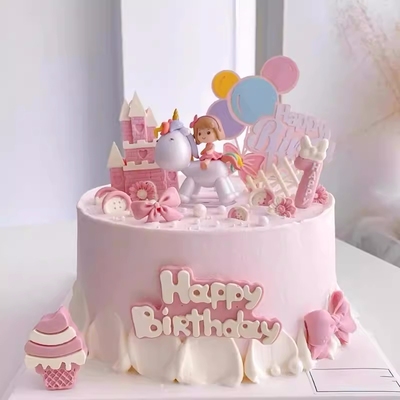 大头独角兽女孩蛋糕装饰摆件卡通骑马小公主儿童周岁生日烘焙插件