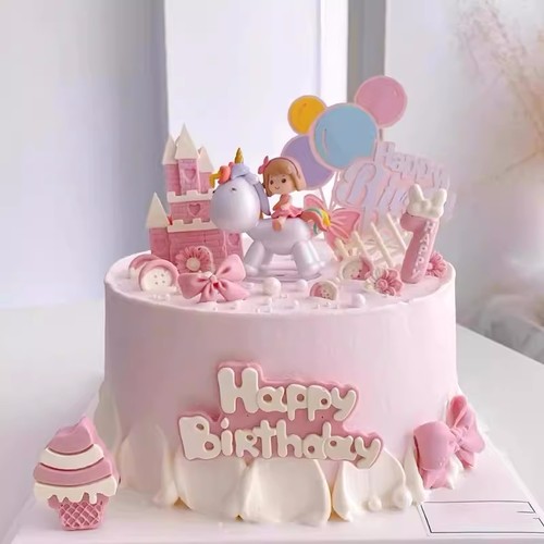 大头独角兽女孩蛋糕装饰摆件卡通骑马小公主儿童周岁生日烘焙插件
