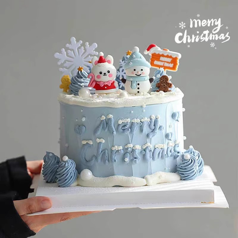 网红圣诞节雪人小兔子蛋糕装饰摆件圣诞快乐路牌雪花烘焙插件
