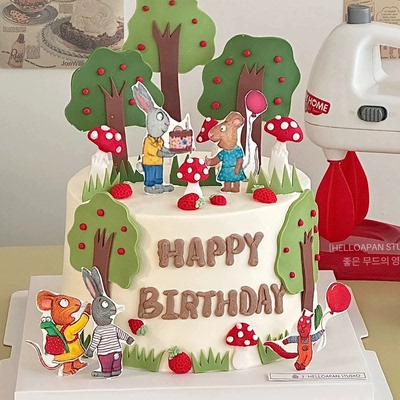 童话手绘故事波西皮普蛋糕装饰插件儿童生日森林彩虹气球草莓插牌