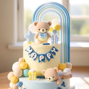 饰粉色蓝色绿色蝴蝶结熊玩偶摆件宝宝生日彩虹插牌 卡通小熊蛋糕装