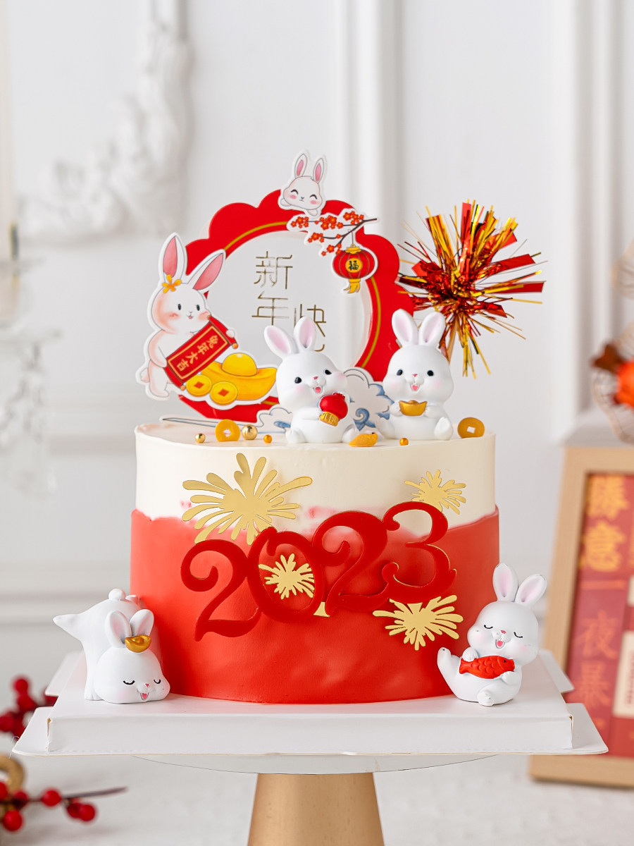 新年快乐网红蛋糕装饰元宝兔子摆件礼花2023亚克力跨年烘焙插件