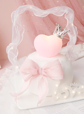 网红520情人节蛋糕装饰摆件爱心暖灯mini皇冠飘带烘焙甜品台装扮