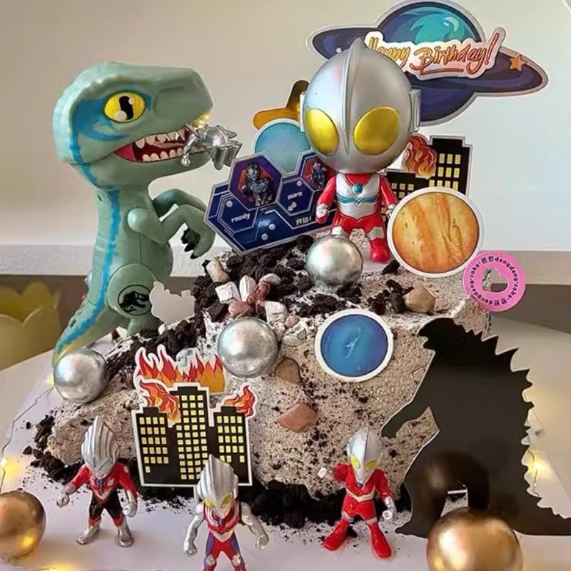 儿童生日声光恐龙打超人蛋糕装饰迪迦塞罗奥特曼烘焙甜品装扮摆件