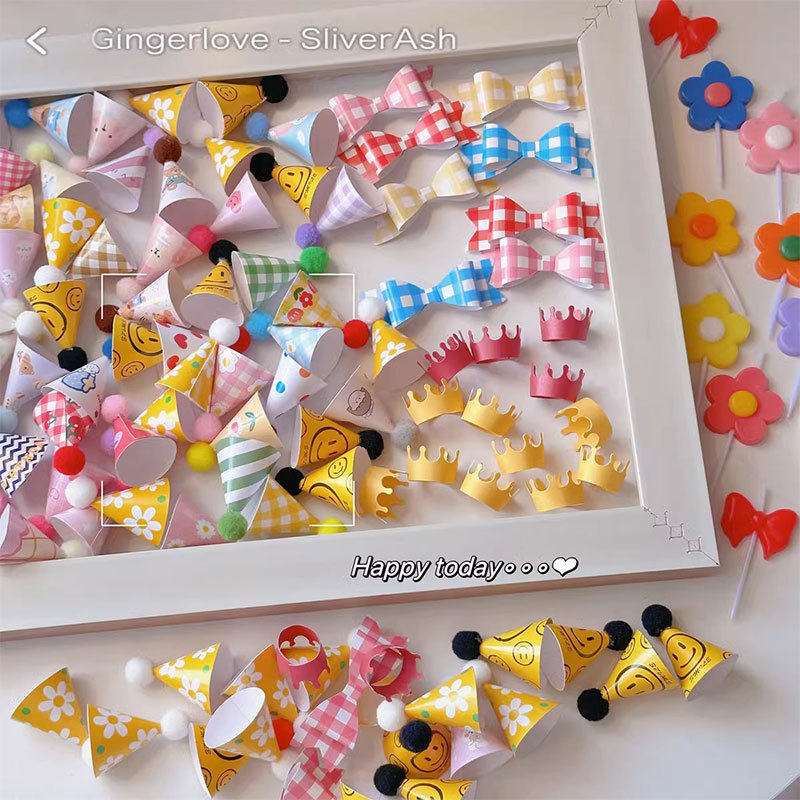 韩国ins风复古帽子蛋糕装饰彩色格子笑脸小花迷你毛球帽甜品插件