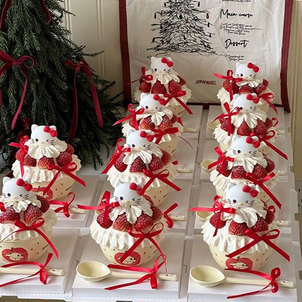 小红书卡通kt猫蛋糕装饰HelloKitty猫装饰红色丝带生日装饰摆件