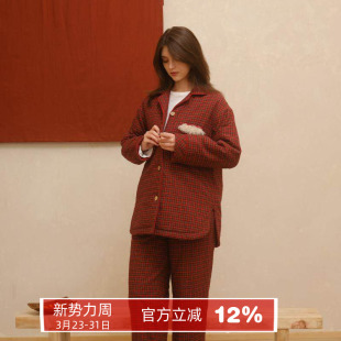 家居服套装 款 朵朵可可 无静电衬衫 帅气磨毛全棉格子夹棉睡衣女冬季
