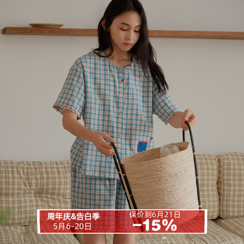 朵朵可可女棉麻格子家居服套装