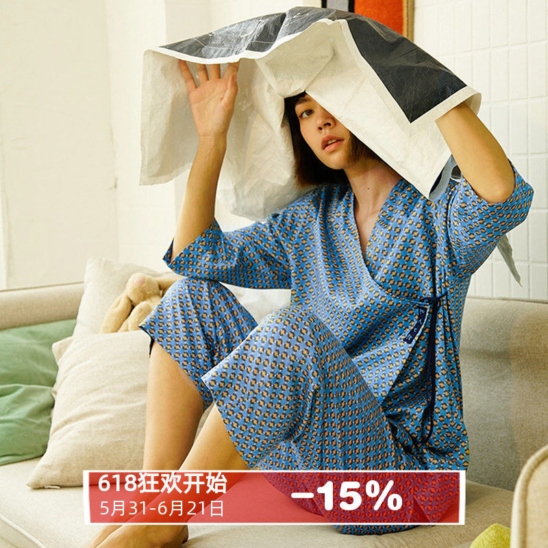 朵朵可可春古风睡衣女中国风汉服蓝色碎花缎面纯棉日式和服家居服