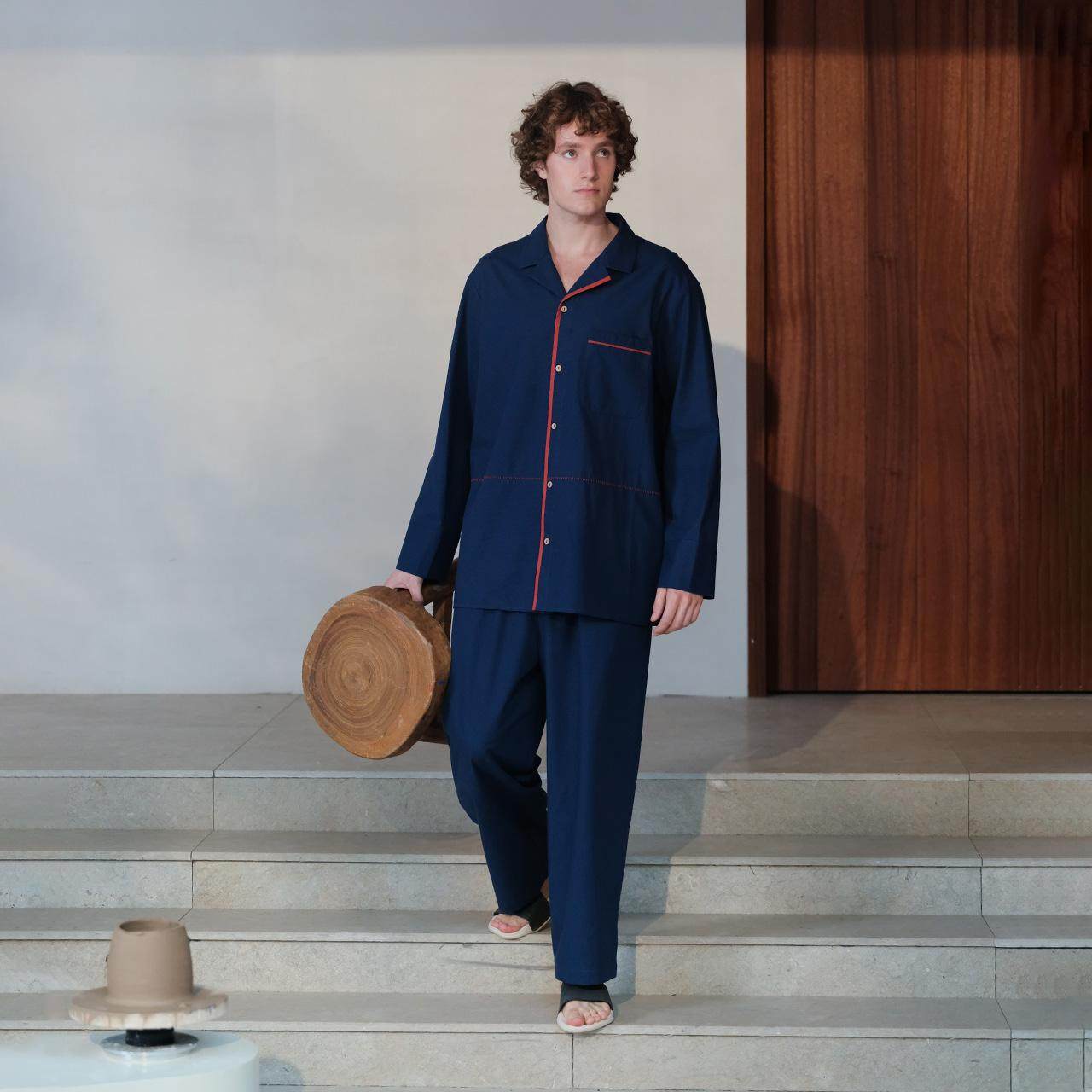 朵朵可可2025春季男睡衣撞色色织纯棉格子宽松长袖长裤家居服套装