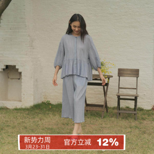 荷叶边甜美家居服套装 朵朵可可睡衣女春夏皱褶纯棉七分袖 八分裤