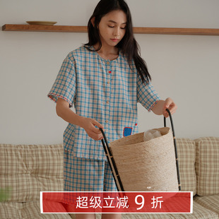 朵朵可可睡衣女2025春夏清爽棉麻V领格子简约短袖 短裤 家居服套装