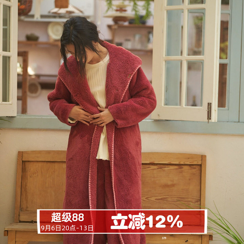连帽加厚珊瑚绒秋冬女睡袍中长款系带简约经典朵朵可可睡衣家居服