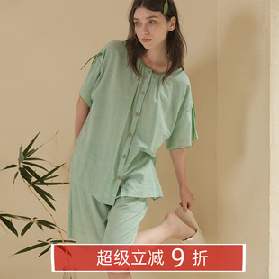 家居服套 朵朵可可小清新棉麻睡衣女夏季 薄款 甜美圆领前扣短袖 短裤