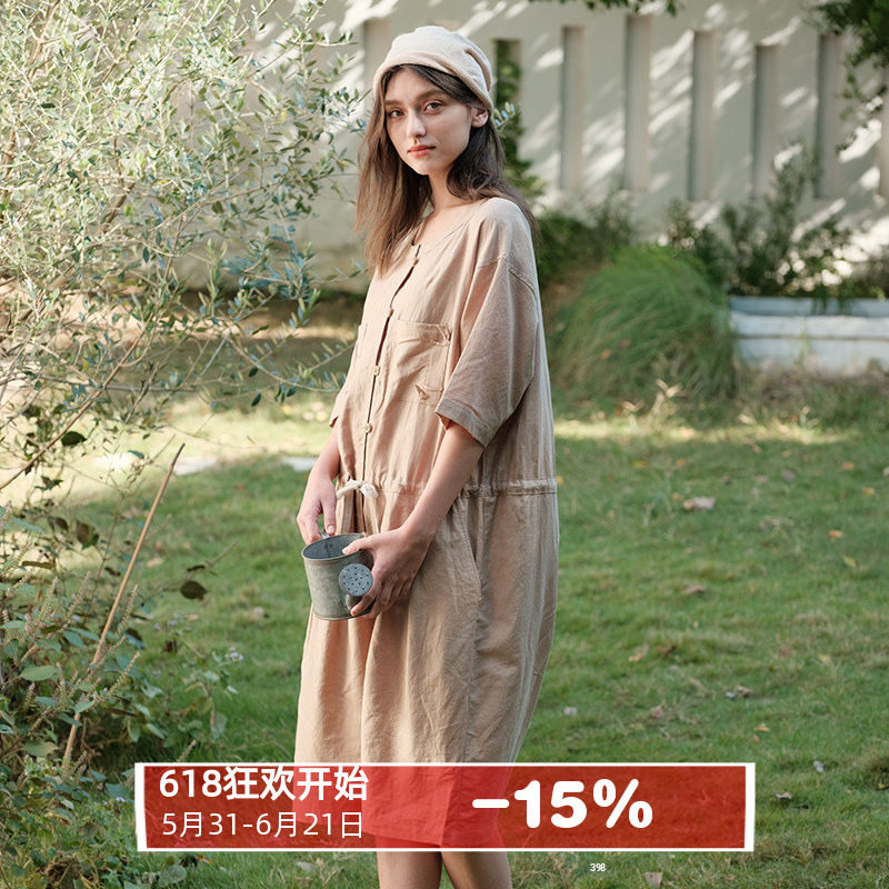 朵朵可可睡衣女春夏亚麻圆领系带收腰七分阔脚裤连体裤家居服套装