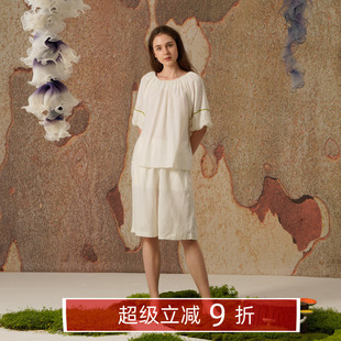 朵朵可可米白亚麻睡衣女夏季 甜美娃娃领套头短袖 五分裤 家居服套装